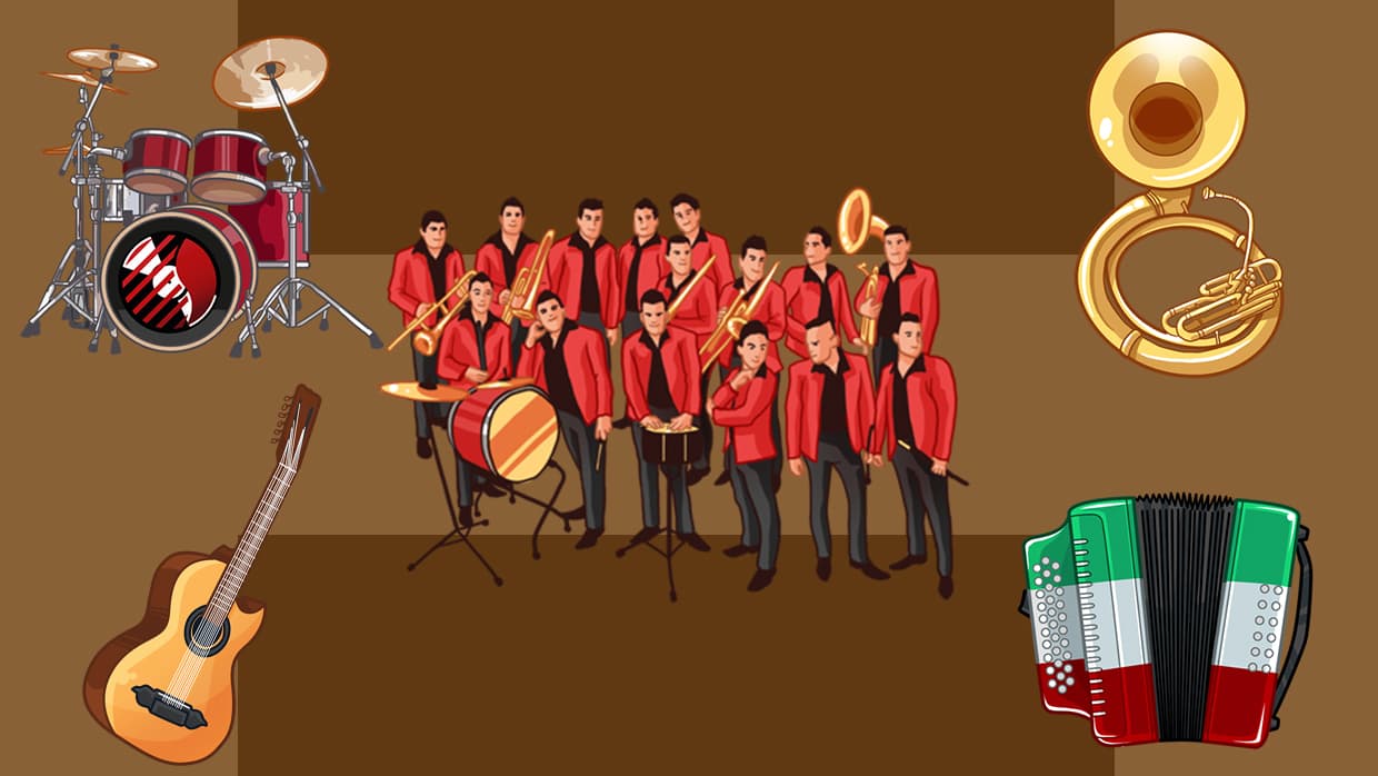 Hay también instrumentos musicales del regional mexicano: la batería, la tuba, la guitarra y el acordeón, además de la clásica imagen de una banda.