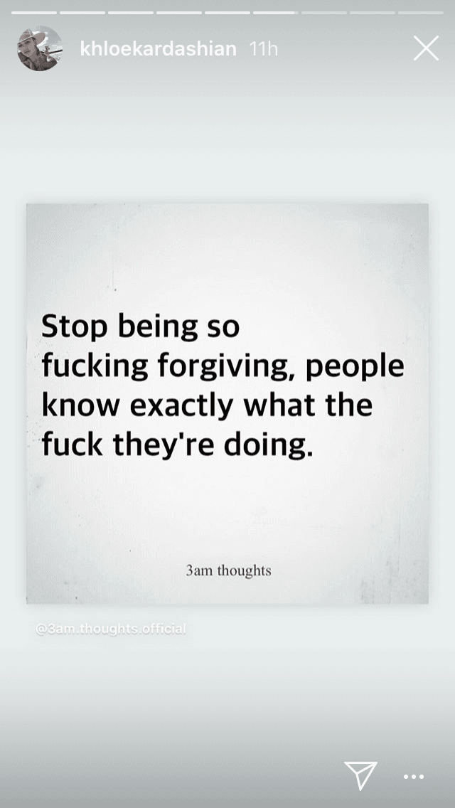 En otro mensaje escribió: "Dejen de ser tan 
<b><a href="https://www.univision.com/famosos/khloe-kardashian-asegura-que-tristan-la-presiono-para-que-lo-perdonara-despues-de-que-el-le-fue-infiel-fotos" target="_blank">jodidamente indulgentes</a></b>, la gente sabe exactamente qué carajos están haciendo". Khloé no hizo mención explícita a Woods ni a la prueba del polígrafo dada a conocer por el show 
<b><a href="https://www.facebook.com/redtabletalk/videos/576547813159212/" target="_blank">'Red table talk'. </a></b>
<br>