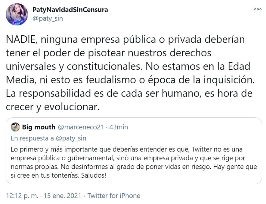 Al abrirse la conversación, Paty Navidad comenzó a responder algunos comentarios de los usuarios para mostrar su punto de vista.
<br>