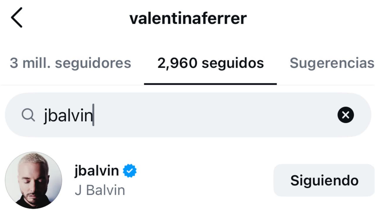 En esta imagen tomada de la cuenta de Valentina Ferrer se observa que ella aún seguía a J Balvin hasta este domingo 20 de septiembre.