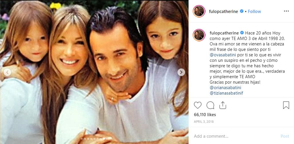 Catherine Fulop está casada con Osvaldo Sabatini desde hace 21 años y juntos han procreado dos hijas: Oriana y Tiziana.