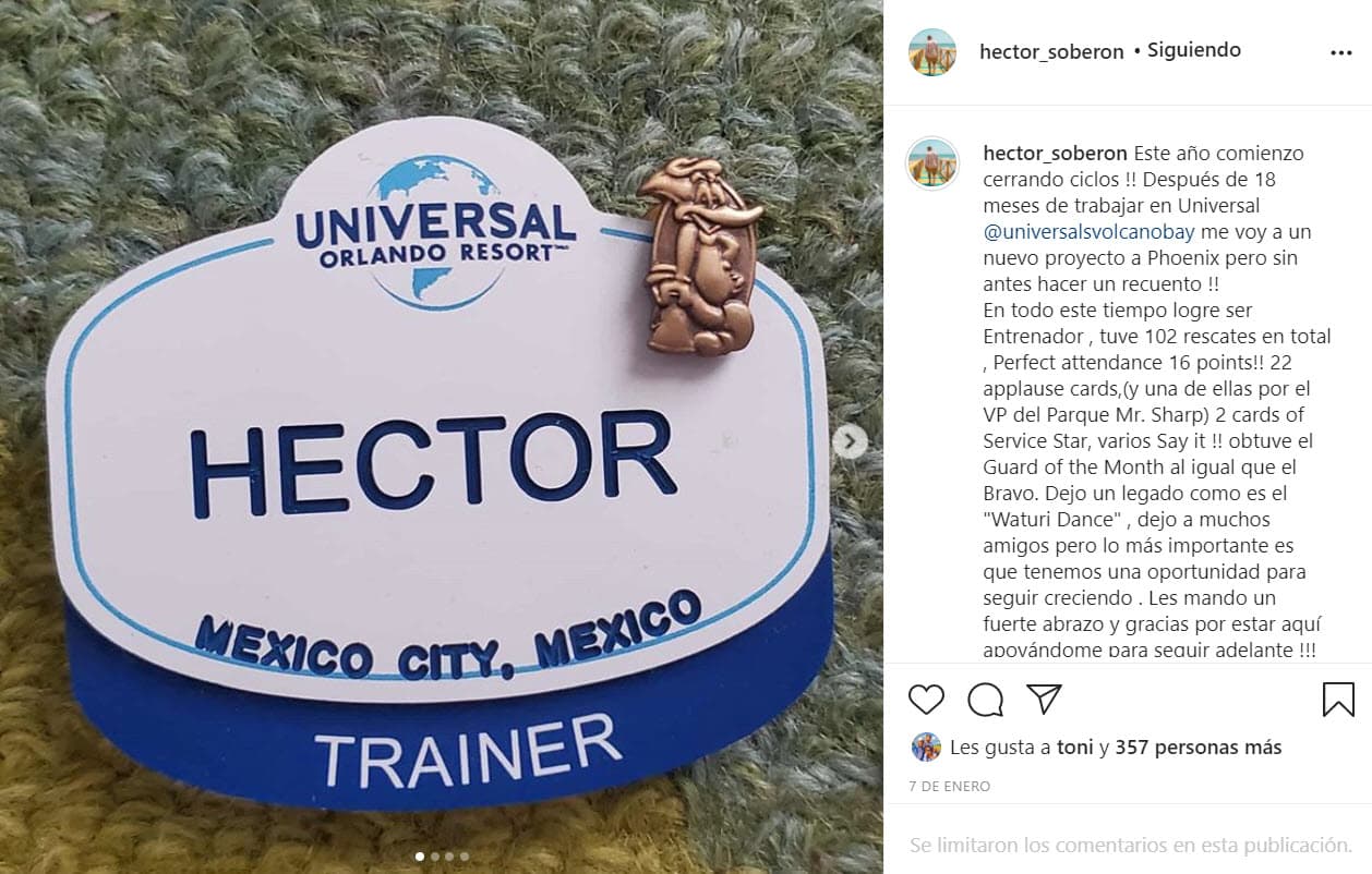 El 7 de enero de 2020 Soberón anunció que terminaba su "ciclo" en el parque acuático: "
<b>Después de 18 meses</b> de trabajar en Universal's Volcano Bay me voy a un nuevo proyecto a Phoenix, pero sin antes hacer un recuento", escribió al inicio.