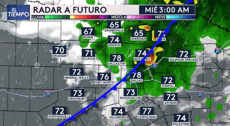 Según el pronóstico,
<b>alrededor de las 3 de la mañana se registrarán lluvias en gran parte del norte de Texas</b>. Áreas como
<b>McKinney podrían experimentar aguaceros</b>, mientras que en la ciudad de Dallas las precipitaciones serán de menor intensidad.