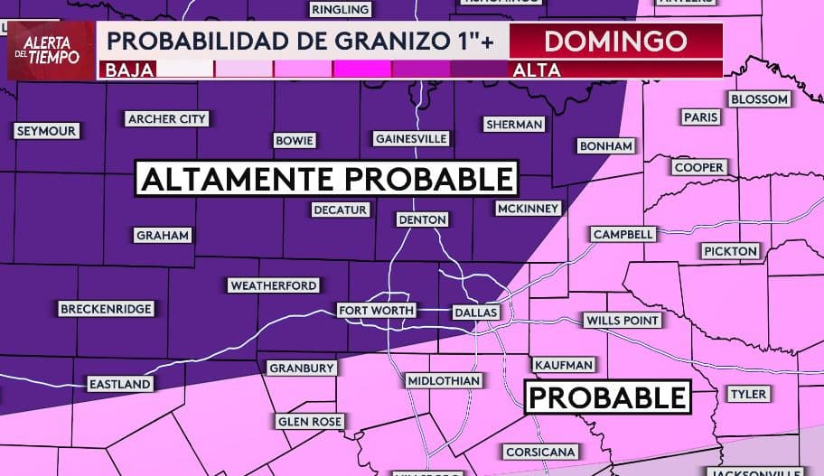 <h3 class="cms-H3-H3">🧊 Probabilidad alta de granizo de más de una pulgada </h3>
<br>El norte de Texas
<b> podría experimentar granizo significativo</b>, especialmente al oeste de Dallas y Fort Worth. Mantén tu auto bajo techo si es posible y 
<b>sigue las actualizaciones del estado del tiempo en nuestro canal de WhatsApp: <a href="https://www.whatsapp.com/channel/0029VafZxTzGpLHXXhtL0Y3A" target="_blank">Haz clic aquí.</a></b>