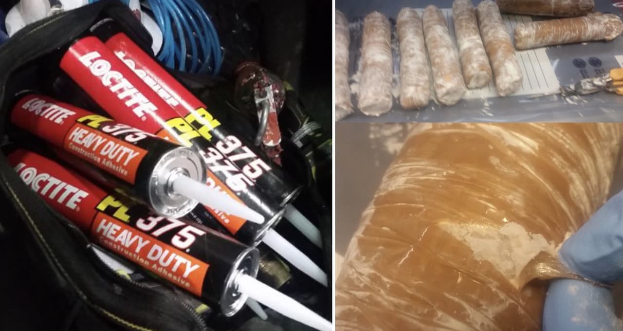 Oficiales de CBP encontraron aproximadamente 10,400 pastillas de fentanilo y 6.4 libras de metanfetamina dentro de tubos de adhesivo de construcción colocados entre herramientas y otros artículos relacionados con el trabajo.