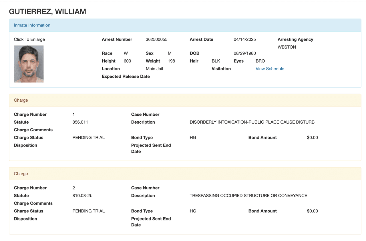 William Levy fue arrestado en el condado de Broward.