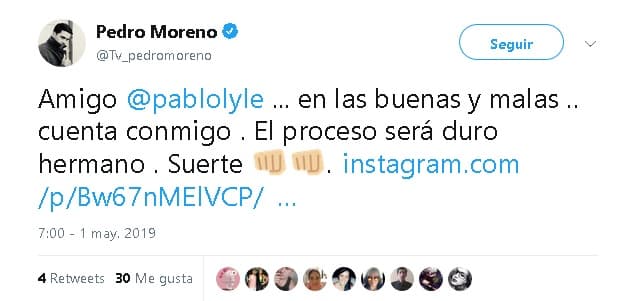 Otro de los actores que desde temprano mostró su solidaridad con Lyle fue el cubano 
<b>Pedro Moreno</b>, quien en 
<b><a href="https://twitter.com/Tv_pedromoreno/status/1123572794267189249" target="_blank">Twitter</a></b> escribió: “Amigo Pablo Lyle ... en las buenas y malas... 
<b>cuenta conmigo</b>. El proceso será duro, hermano. Suerte”.
