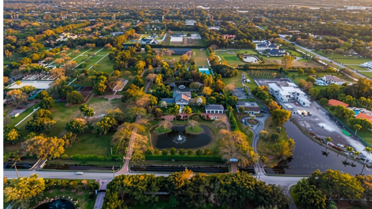 Vista aérea del listado inmobiliario de la mansión ubicada en 13930 Stirling Road.