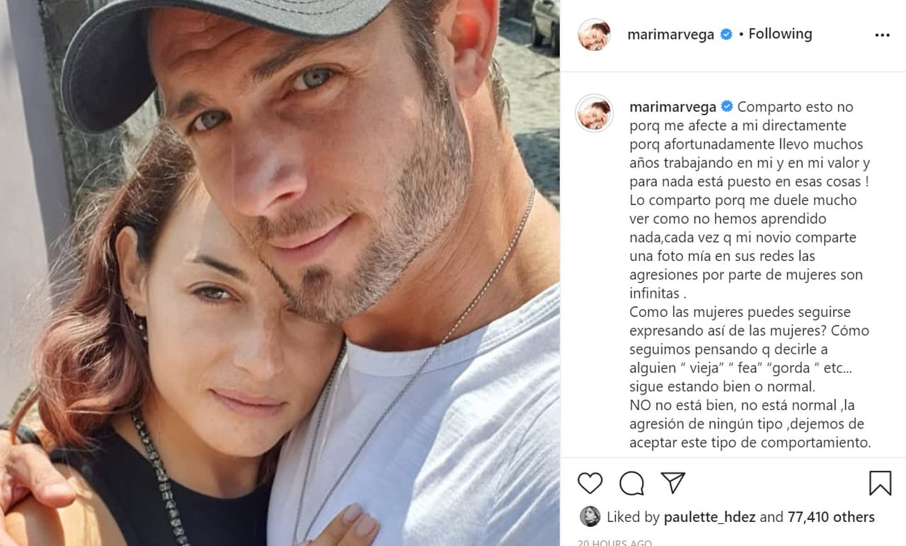 "Comparto esto no porque me afecte a mi directamente, porque afortunadamente llevo muchos años trabajando en mí y en mi valor y para nada está puesto en esas cosas", escribió al inicio de su mensaje junto con 
<b><a href="https://www.instagram.com/p/CDJ8xuyJKUh/" target="_blank">esta foto</a></b>. 
<br>