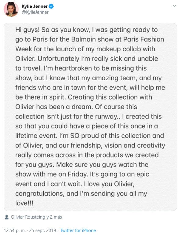 "Desafortunadamente estoy muy enferma y no puedo viajar. Tengo el corazón roto por perderme el show, pero sé que mi increíble equipo y mis amigos que están en el lugar para el evento me ayudarán a estar ahí en espíritu".