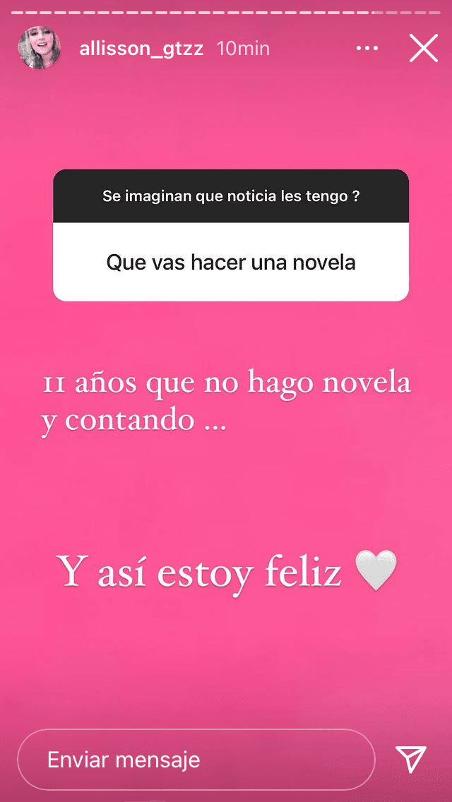 Una persona más le mencionó que realizará una nueva telenovela. Lozz aclaró que después de 11 años de no hacerlo, sigue "contando" y aclaró que, por 
<b><a href="https://www.univision.com/famosos/allisson-lozz-celebra-su-cumpleanos-28-y-reaparece-en-redes-sociales-para-compartir-sus-nuevos-proyectos-fotos" target="_blank">ahora, es "feliz" como está. </a></b>
<br>