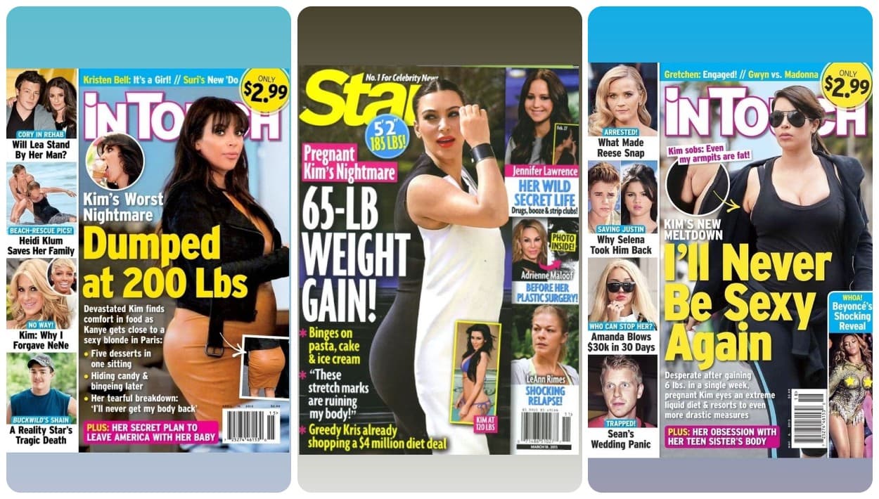 En el orden acostumbrado, los titulares y fotos que hirieron a Kim Kardashian durante la que debió ser la etapa más feliz de su vida. "Abandonada en las 200 libras", "Aumentó 65 libras peso" y "Nunca volveré a ser sexy".