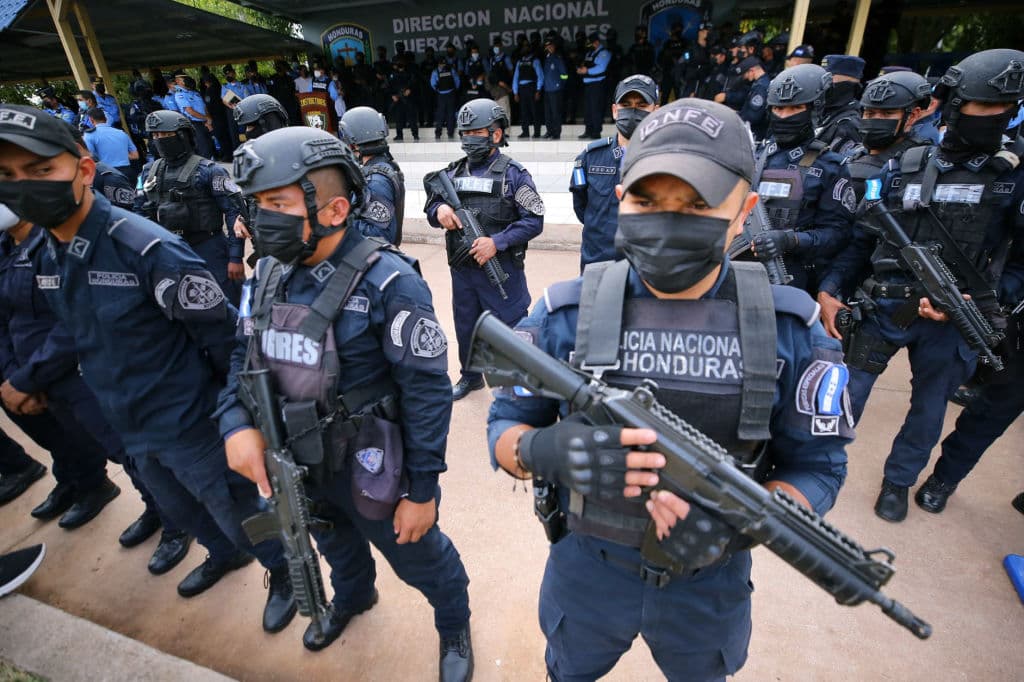 Members of the police special forces stand at the headquarters of the Honduras Police in Tegucigalpa, on February 15, 2022.