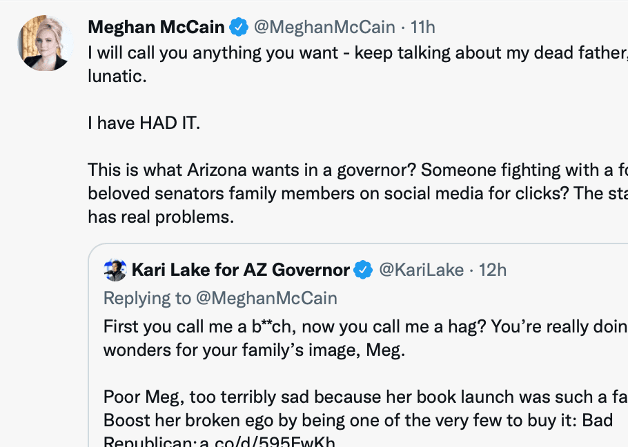 La precandidata republicana Kari Lake tuvo un enfrentamiento con Megan McCain en la que la hija del exsenador republicano John McCain la cuestiona por hablar sobre su padre.