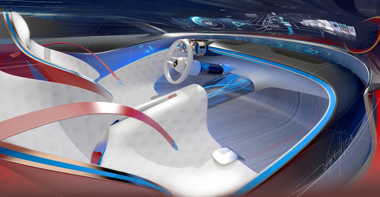 La tapicería de cuero del 
<b>Vision Mercedes-Maybach 6 Concept </b>mezcla tradición y futuro. Los botones que la adornan son en realidad 'sensores para el cuerpo' que monitrean constantemente a los pasajeros 
<b>leyendo sus signos vitales y permitiendo al auto activar el control de clima o la función de masajes para maximo confort</b>. Los sensores pueden ver también la iluminación y hasta el color de la ropa de los pasajeros ajustando la iluminación interior.