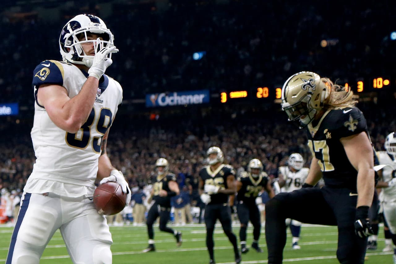 NEW ORLEANS, LOUISIANA - JANUARY 20: Tyler Higbee #89 of the Los Angeles Rams celebrates after scoring a touchdown against the New Orleans Saints during the third quarter in the NFC Championship game at the Mercedes-Benz Superdome on January 20, 2019 in New Orleans, Louisiana. (Photo by Jonathan Bachman/Getty Images)