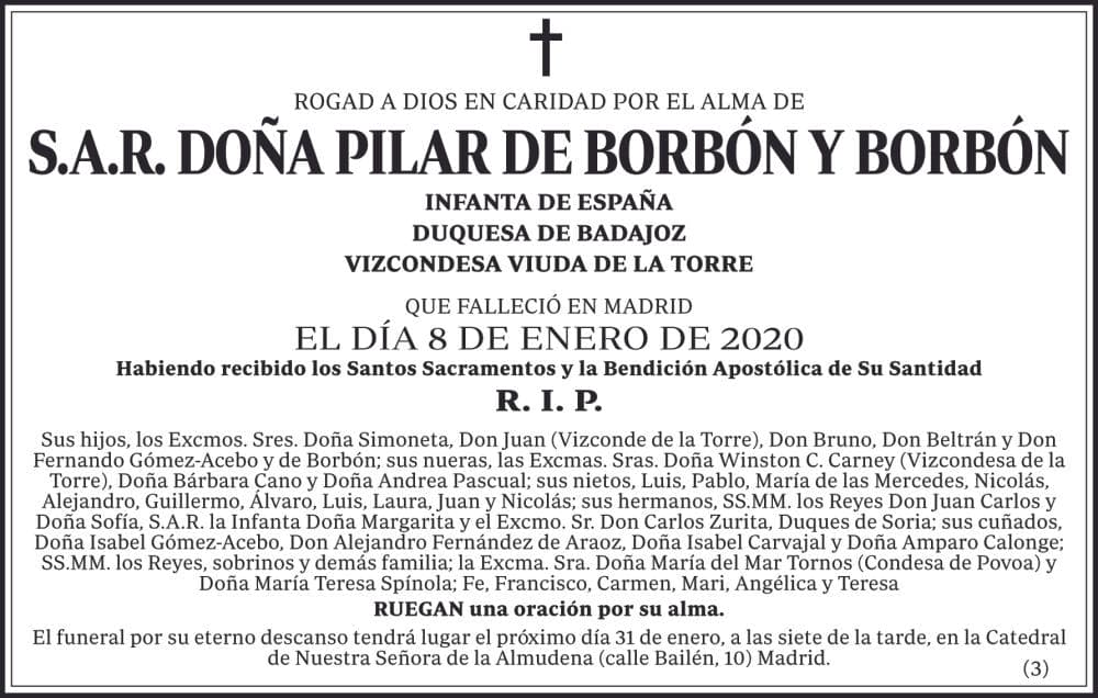 Además, se nombra a tres nueras, siete nietos, cuatro cuñados y tres hermanos, incluido el rey emérito y su esposa, la reina Sofía.