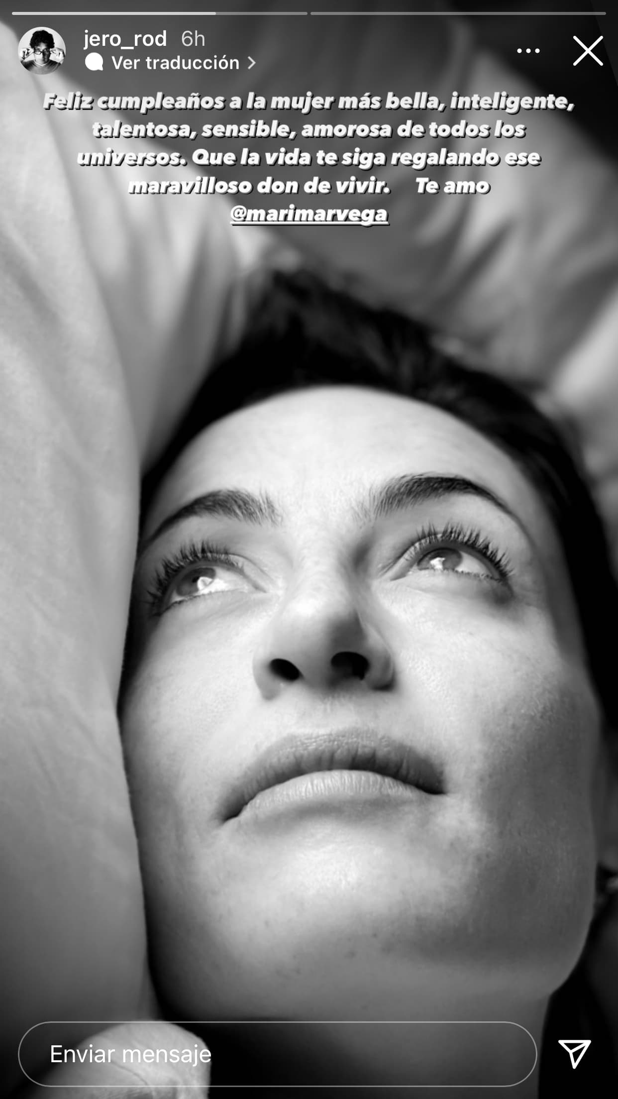 Rodríguez publicó en sus historias de Instagram este retrato de la actriz en donde le regaló un mensaje en el que no ocultó el amor que le tiene y se desvivió en halagos para ella: "Feliz cumpleaños a la mujer más bella, inteligente, talentosa, sensible, amorosa de todos los universos. Que la vida te siga regalando ese maravilloso don de vivir. 
<b>Te amo</b>". La publicación también la replicó la artista desde su cuenta de Instagram.