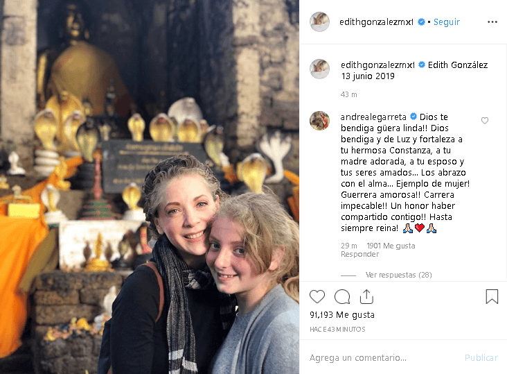 Y fue precicamente con 
<b><a href="https://www.instagram.com/p/Byp_uh9njwW/" target="_blank">esta foto con su hija</a></b> la manera en que la actriz 'se despidió' de las redes sociales. Poco antes del mediodía de este 13 de junio, la cuenta oficial de Edith González publicó una foto de ella con el gran amor de su vida, su hija Constanza, que sirvió como una conmovedora despedida por parte de la actriz. La imagen solo fue acompañada por este mensaje: "Edith González 13 junio 2019".