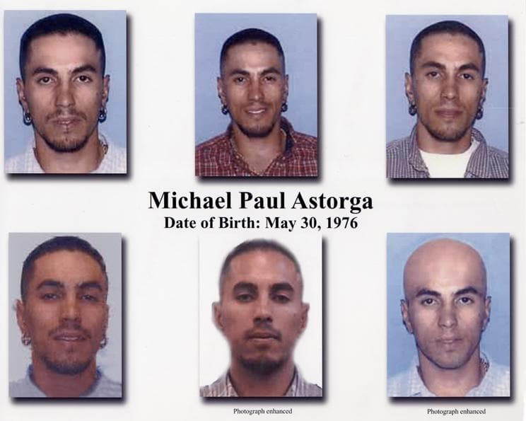 <h3 class="cms-H3-H3">Michael Paul Astorga</h3>
<br>El exfugitivo 481 de la lista de los más buscados fue arrestado en abril de 2006 
<b><a href="https://www.fbi.gov/wanted/topten/topten-history/hires_images/FBI-481-MichaelPaulAstorga.jpg/view" target="_blank">en una habitación de hotel en Juárez, México</a></b>, por el FBI y autoridades mexicanas.