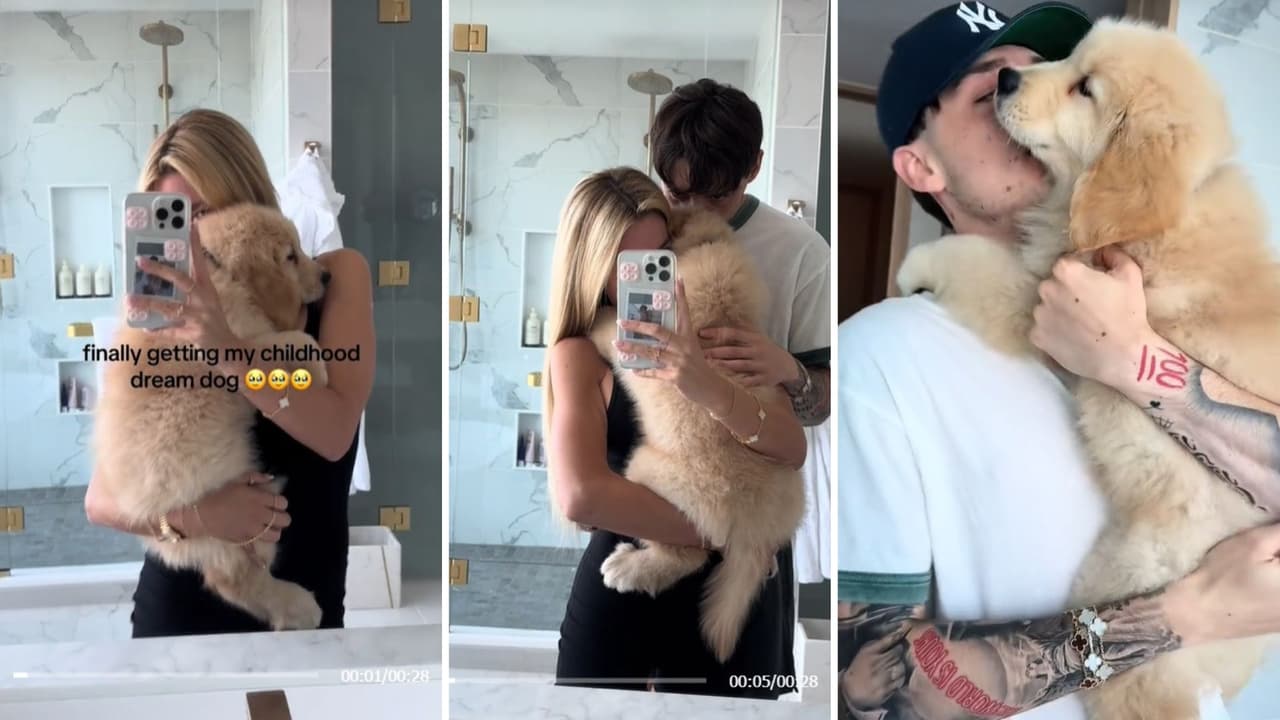 Peso Pluma con su novia y el 'perrhijo' que comparten.