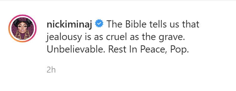 "La Biblia nos dice que
<b> los celos son tan crueles</b> como la tumba. Increíble. Descansa en paz, Pop". Para algunos, la palabra "celos" 
<b><a href="https://www.instagram.com/p/B8wKzSGnCP0/" target="_blank">en su mensaje </a></b>dio a entender que el joven tenía una conexión con sus victimarios. Hasta ahora no hay confirmación de ello. 
<br>
