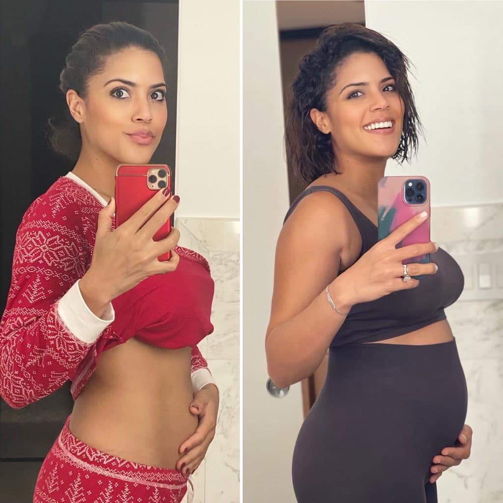 Semana a semana, la dominicana se tomó el tiempo de documentar en redes sociales la evolución de su pancita, como en esta foto, en la que hizo la comparación de cuando tenía 8 y 18 semanas respectivamente.