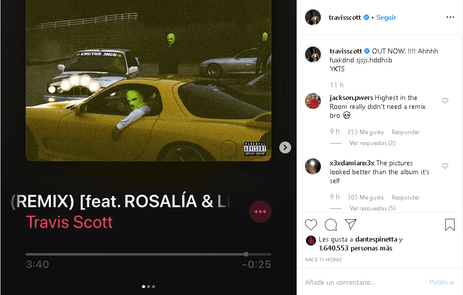 La mezcla, que el mismo Travis Scott compartió en su cuenta de 
<b><a href="https://www.instagram.com/p/B6kFPKypVbQ/" target="_blank">Instagram</a></b>, también contó con la voz de Lil Baby y forma parte del EP titulado 'Jackboys', según informó el diario 
<b><a href="https://www.elespanol.com/cultura/musica/20191227/rosalia-seduce-travis-scott-quieres-duro-quiere/455204737_0.html" target="_blank">El Español</a></b>.