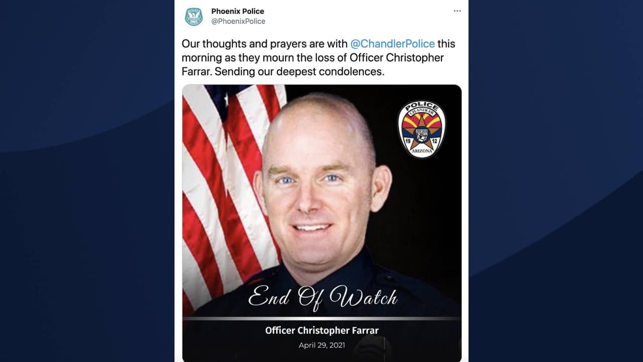 Departamento de Policía de Phoenix: 
<br>“Nuestros pensamientos y oraciones están con el Departamento de Policía de Chandler esta mañana mientras lamenta la pérdida del oficial Christopher Farrar. Enviando nuestro más sentido pésame”. 
<br>