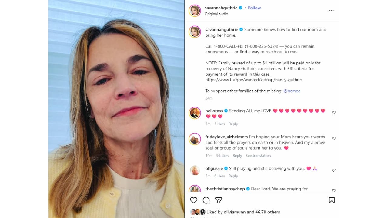 Savannah Guthrie y su familia ofrecen un millón de dólares por el rescate de su madre, Nancy Guthrie.