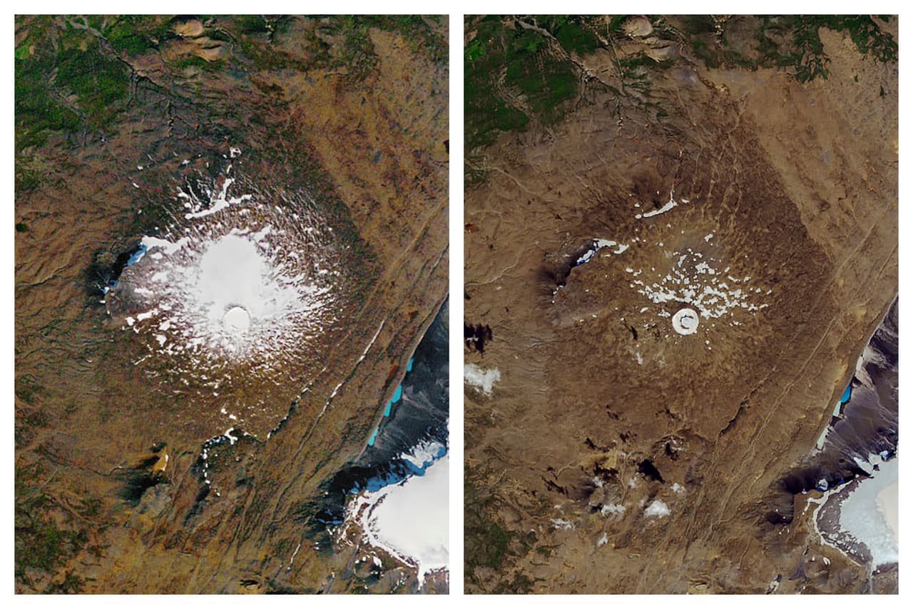 Esta combinación de fotos, tomadas por la NASA en 1986 (izquierda) y 2019, muestran la drástica reducción del glaciar Okjokull, justo en el pico del volcán Ok, ubicado en el centro-oeste de Islandia. Algunos de los que fueron la ceremonia de despedida recordaron haber bebido agua pura de miles de años de antigüedad proveniente de este glaciar.