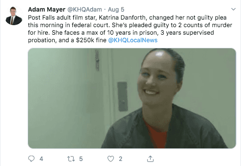 La actriz de cine para adultos se declaró culpable en una corte federal en Coeur d'Alene, Idaho; de dos de los cinco cargos que se le imputan, informó el reportero de la estación local KHQ, Adam Mayer.