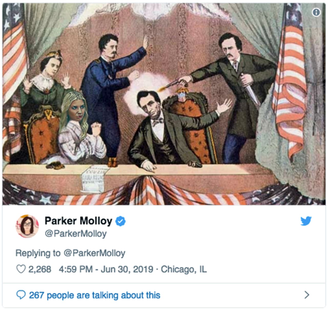 En la ilustración del asesinato del presidente Abraham Lincoln. / Crédito: 
<a href="https://twitter.com/ParkerMolloy/status/1145436813957484545" target="_blank">@ParkerMolloy/Twitter </a>
<br>