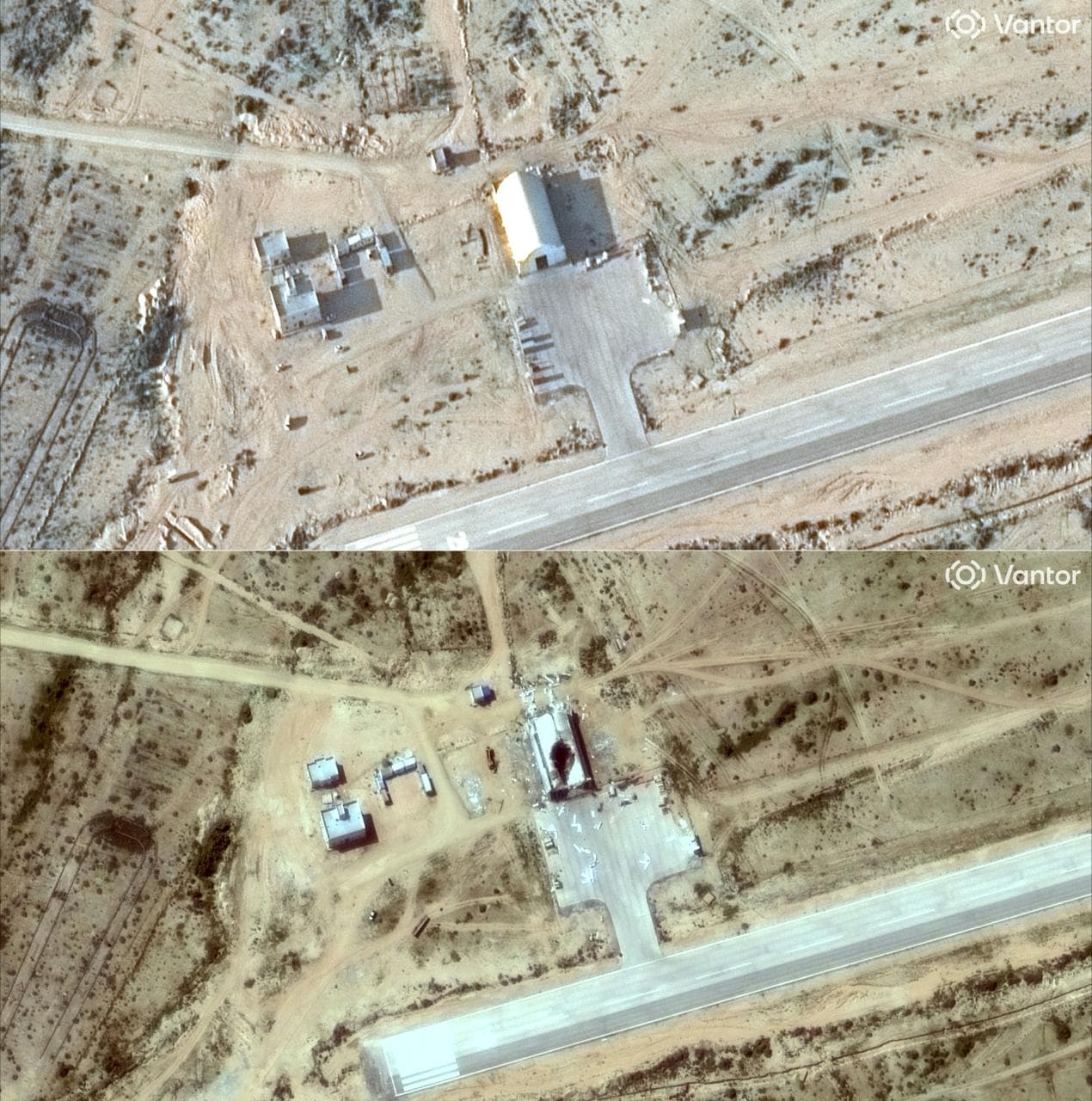 Esta combinación de imágenes creada el 6 de marzo de 2026, utilizando imágenes satelitales cedidas por Vantor, muestra el hangar de la base de vehículos aéreos no tripulados (UAV) de Bandar Barkhuh en Irán el 20 de enero de 2026 (arriba) y los daños sufridos por el mismo hangar tras un ataque militar el 6 de marzo de 2026.
<br>
<br>Estados Unidos e Israel han lanzado ataques contra Irán desde el 28 de febrero, con el asesinato del líder supremo de Irán, y la República Islámica respondió con una lluvia de misiles contra los Estados del Golfo e Israel.