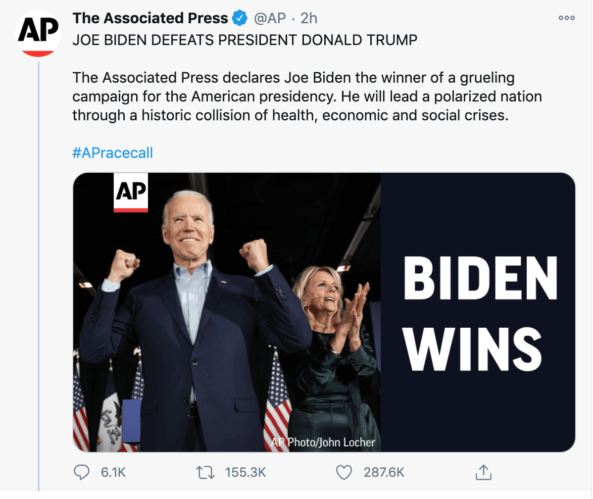 La celebración de Los Ángeles se basa en el pronunciamiento de @AP en el que proyecta de Joe Biden como el presidente número 46 de los Estados Unidos.