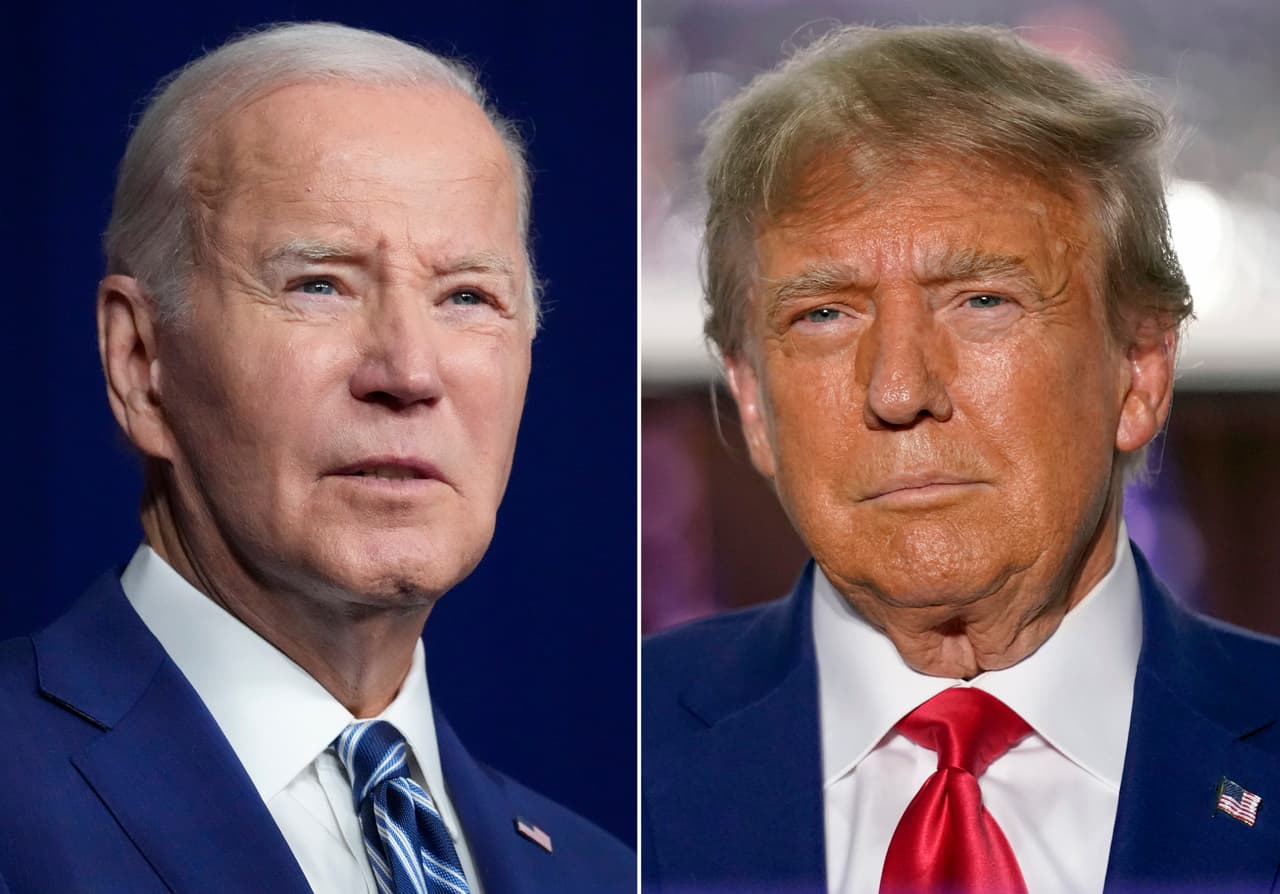 En esta combinación de fotos, el presidente Joe Biden (izquierda) durante un evento el 10 de agosto de 2023 en Salt Lake City, y el expresidente Donald Trump durante un evento el 13 de junio de 2023, en Bedminster, Nueva Jersey. (AP Foto)