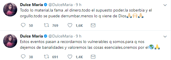Ella compartió en Twitter: "Todo lo material, la fama, el dinero, todo el supuesto poder, la soberbia y el orgullo, todo se puede derrumbar, menos lo que viene de Dios".