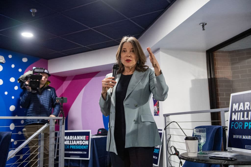 Democratic presidential hopeful Marianne Williamson speaks during a campaign event at Teatotaller's Cafe in Concord, New Hampshire, on January 17, 2024. (Photo by Joseph Prezioso / AFP) (Photo by JOSEPH PREZIOSO/AFP via Getty Images)