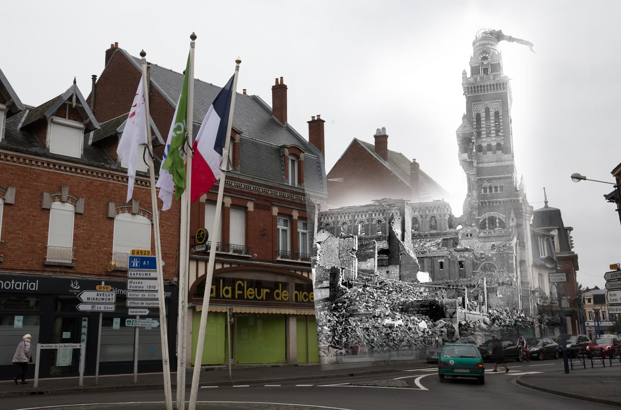 <b>Basílica de Notre-Dame de Brebieres, Francia (1916-2016). </b>La imagen combina una foto de la Basílica de Notre-Dame de Brebieres, destruida por la guerra con una imagen actual desde la misma perspectiva.