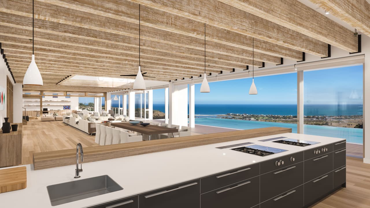 Cocina y barra están conectadas al área de la piscina.