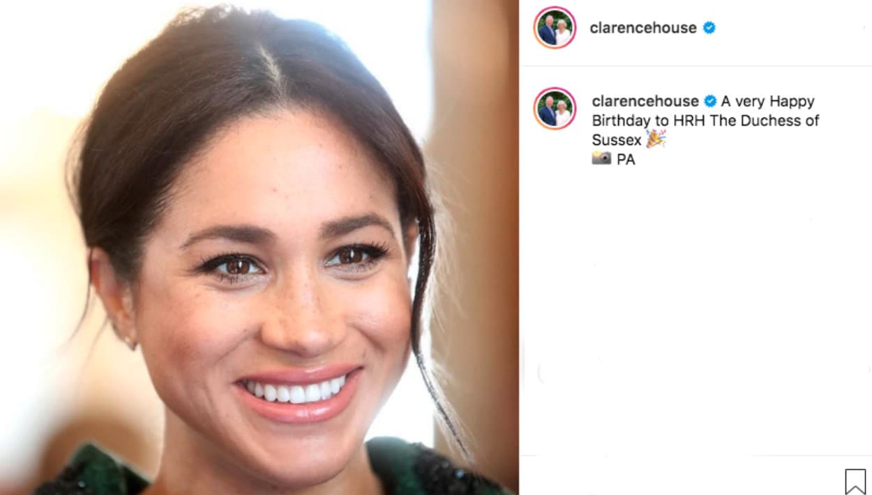 Desde 
<b><a href="https://www.instagram.com/clarencehouse/" target="_blank">su cuenta de Instagram, el príncipe Carlos y Camilla</a></b> felicitaron a Meghan Markle en su cumpleaños 38. Y, contrario al resto de los miembros de la familia real, ellos colgaron no una sino 3 fotos de la duquesa, destacando la que acompaña estas líneas. Juntos le desearon un "muy feliz cumpleaños, a su alteza real, la duquesa de Sussex".