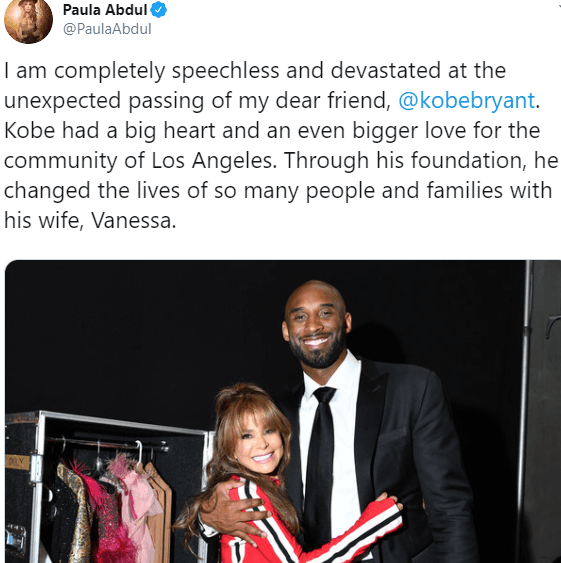 Mientras que la cantante Paula Abdul, manifestó que se quedó sin habla y devastada con la noticia ya que, a través de su fundación, el basquetbolista había cambiado la vida de muchas personas y familias.