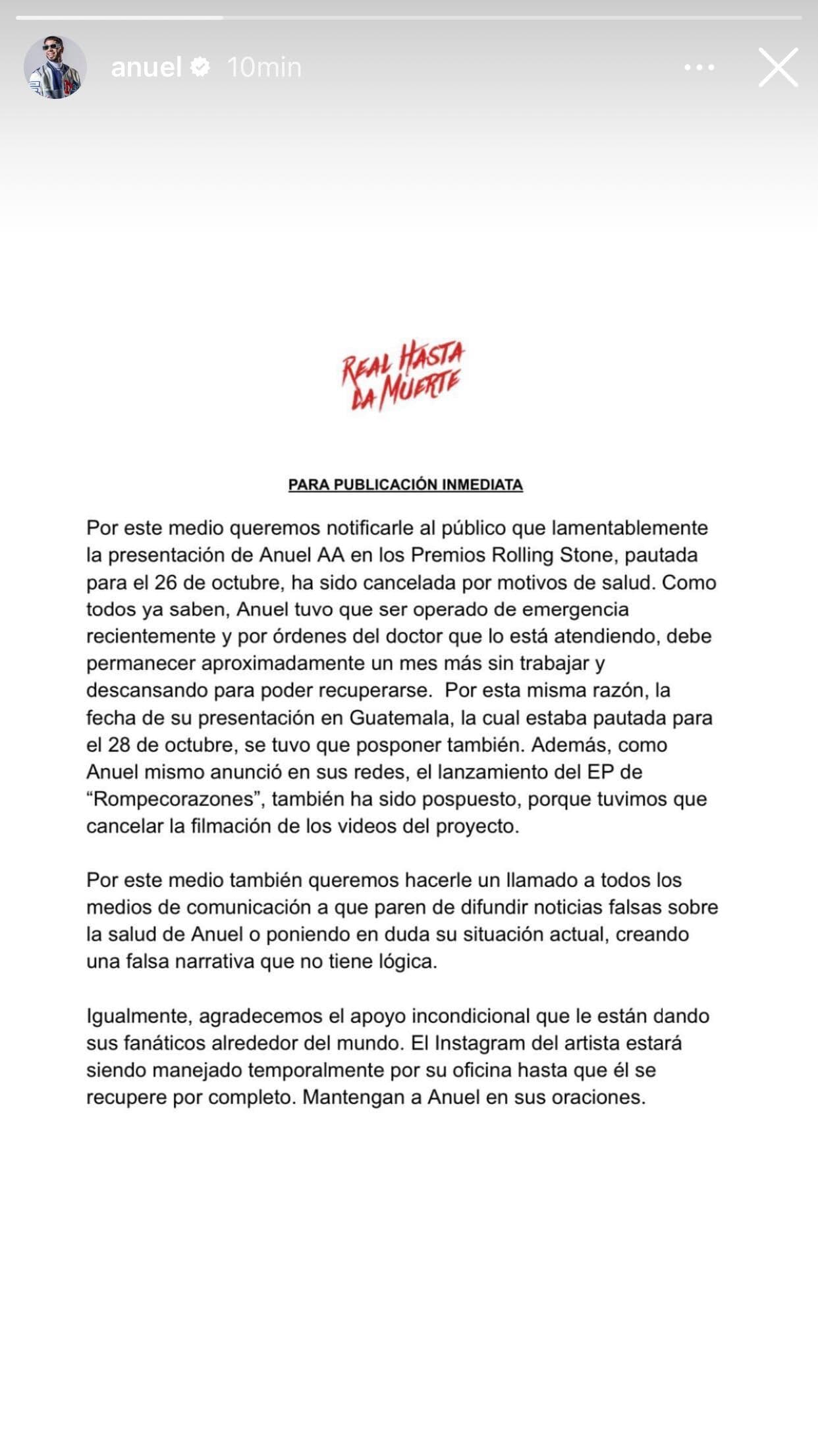 Comunicado de Anuel sobre su salud.