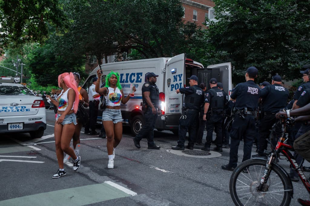 A person is placed under arrest after a fight breaks out following the NYC Pride March on Sunday, June 29, 2025, in New York. (AP Photo/Olga Fedorova)