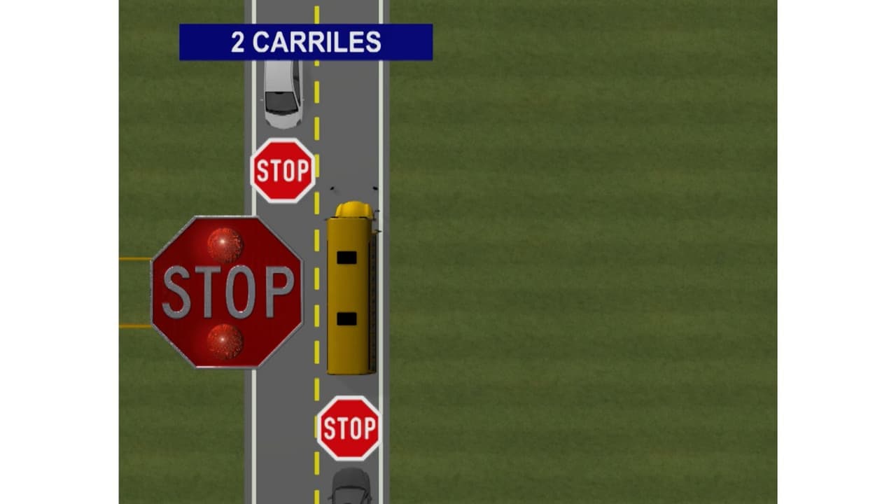 Cuando son vías de un carril en ambas direcciones, los autos, tanto los que vienen detrás del autobús como l
<b>os que vienen en sentido contrario, deben detenerse completamente cuando el autobús está parado con sus luces rojas</b> y su brazo de “STOP”.
