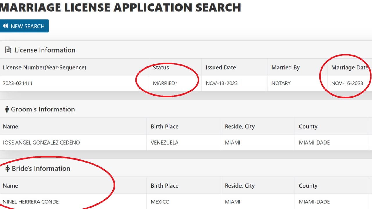 Esta es la licencia de matrimonio que aparece en la página del Secretario del Tribunal y Contralor del Condado de Miami-Dade a nombre de Ninel Conde.