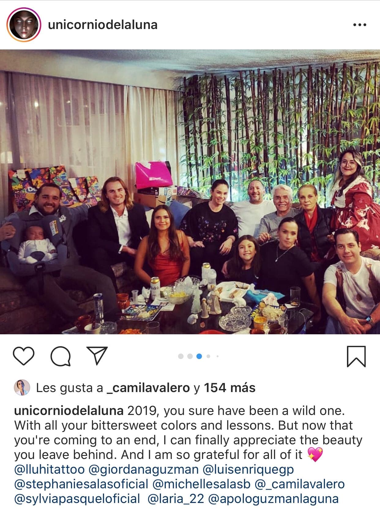 En el festejo también estuvo Schersa Guzmán, quien es hija de
<b> <a href="https://www.univision.com/famosos/silvia-pinal-esta-vuelta-loca-con-su-nieto-apolo-que-no-tiene-una-madre-sino-3-fotos">Luis Enrique Guzmán</a></b>. La joven compartió varias imágenes en sus 
<b><a href="https://www.instagram.com/p/B6hMHl-j0Ym/">redes sociales</a></b> como esta que acompañó del texto: "2019, has sido salvaje. Con todos tus colores agridulces y lecciones. Pero ahora que estás llegando a tu fin, finalmente puedo apreciar la belleza que dejas atrás. Y estoy muy agradecida por todo".