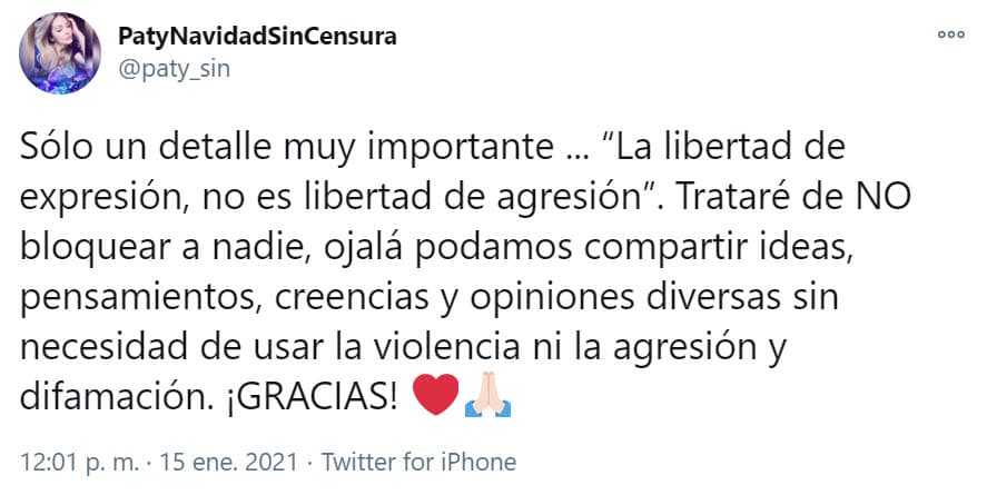 Pidió a sus seguidores que no sean violentos ni agresivos para no bloquearlos.
<br>
