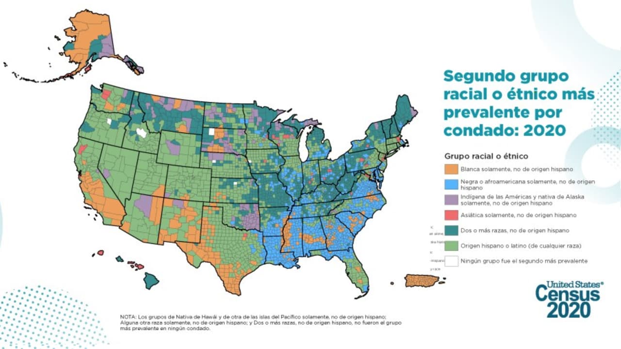 Este mapa de la Oficina del Censo muestra cómo la población que se identifica como hispana es la segunda de mayor prevalencia en casi todo EEUU.