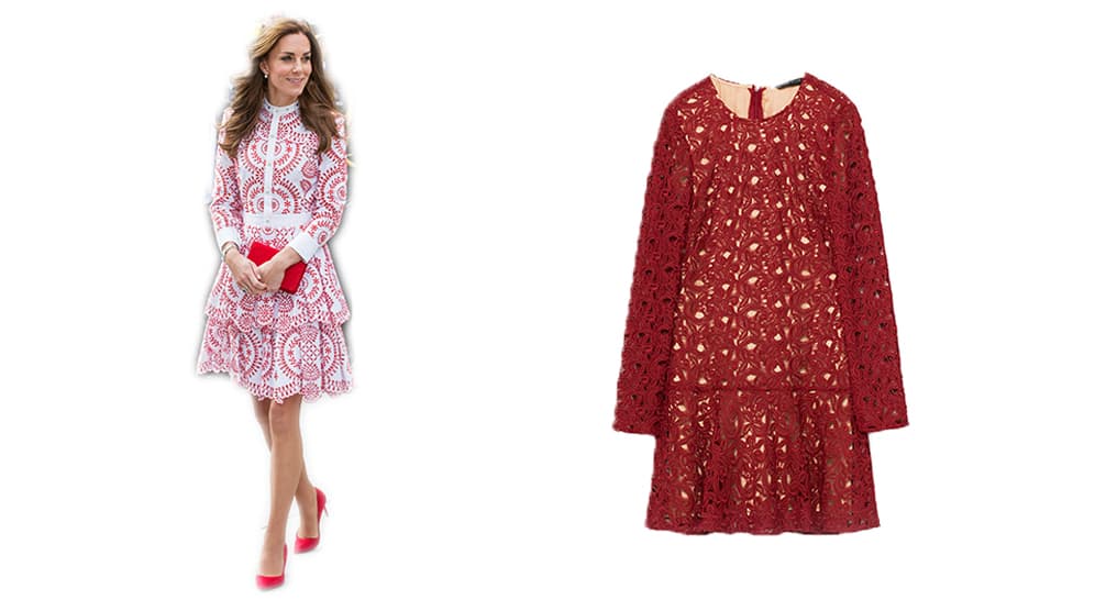 Con este vestido que usó Kate Middleton en su viaje por Canadá se suman varios elementos de la temporda. Primero, el ojalillo, como el de su vestido de Alexander McQueen, el croché y el cuero troquelado estarán a la orden del día. Lo mismo los boleros que se imponen para la parte baja del vestido reglándole movimiento. No tienes que copiarlo igual, puedes simplemente inspirarte en sus apuestas. 
<br>
<b>LOOK 6</b>
<br>
<a href="http://www.zara.com/us/en/woman/dresses/lace-dress-c269185p3894041.html">En encaje, $99.90; Zara</a>
<br>